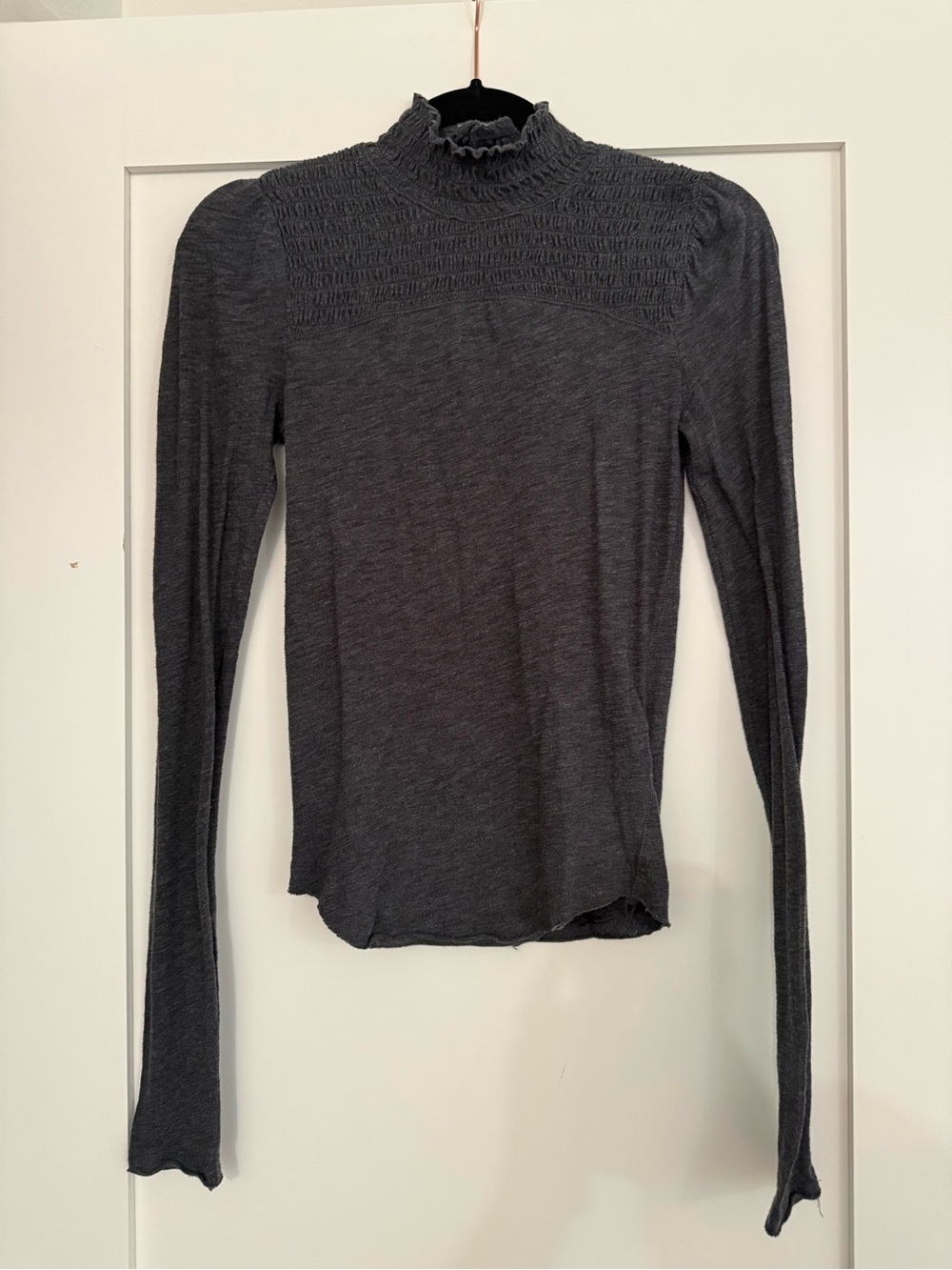 We The Free Charcoal Smocked Mock Neck Long Sleeve Top